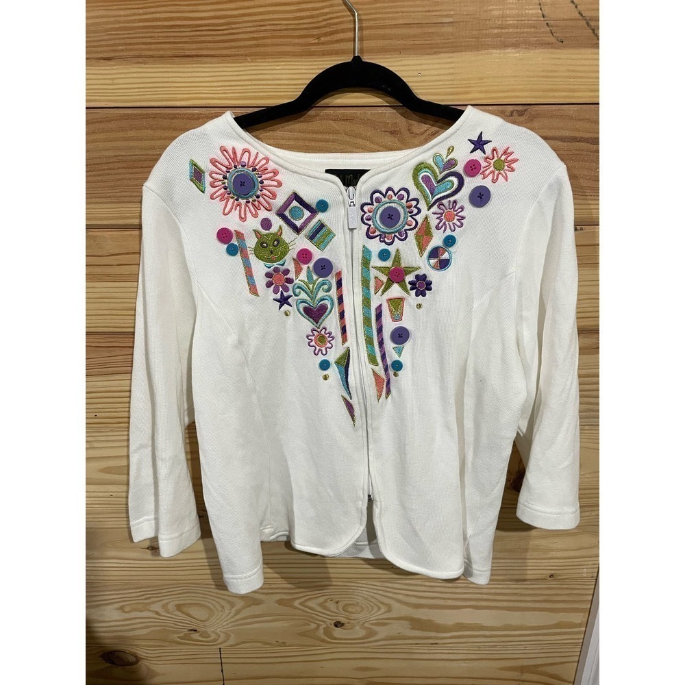 Bob Mackie Wearable Art Zip Up Sweater, size XL